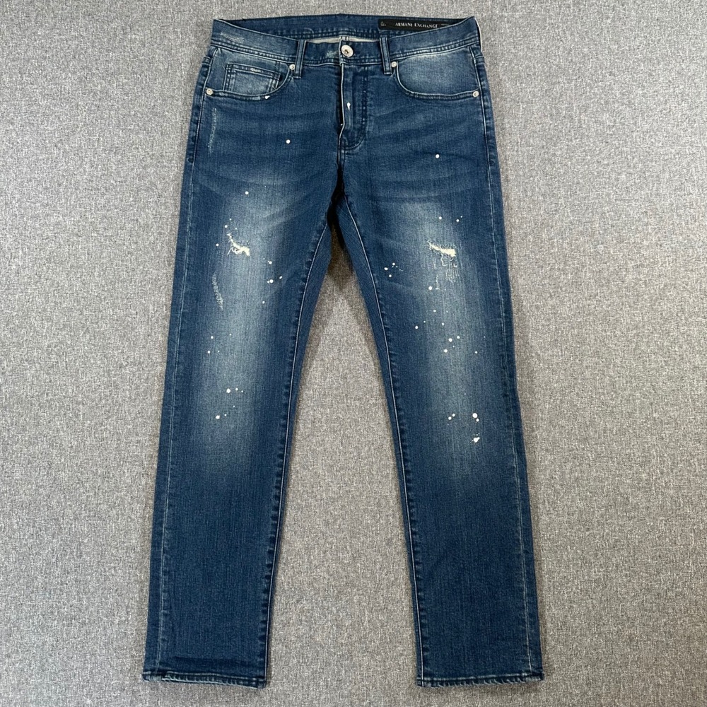 Armani Exchange J13 Slim Fit Jeans Mens 31 Blue Distressed Paint Splatter Denim